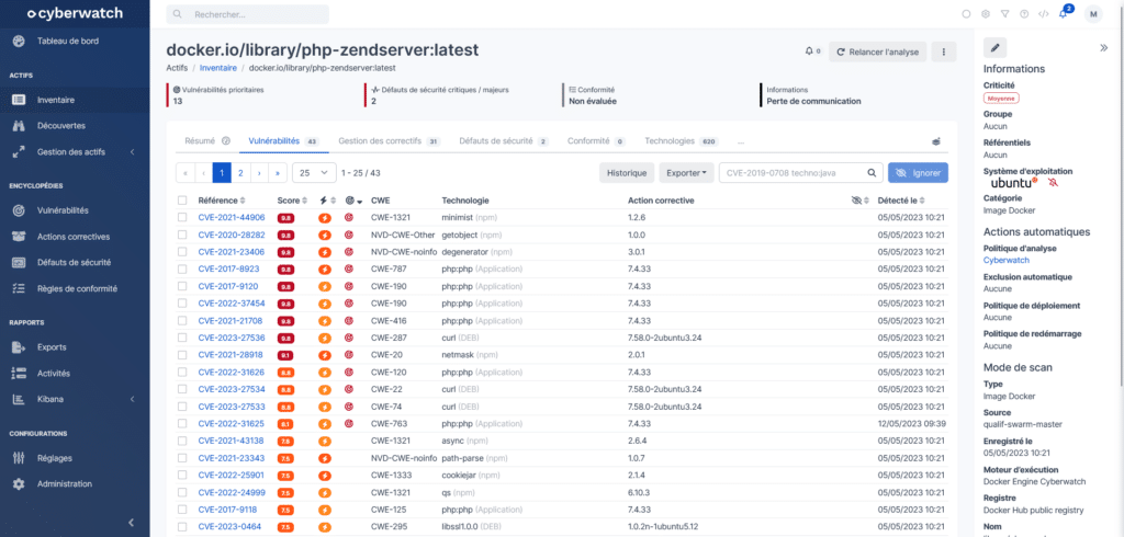 Résultats du scan d'images Docker analysées avec Cyberwatch