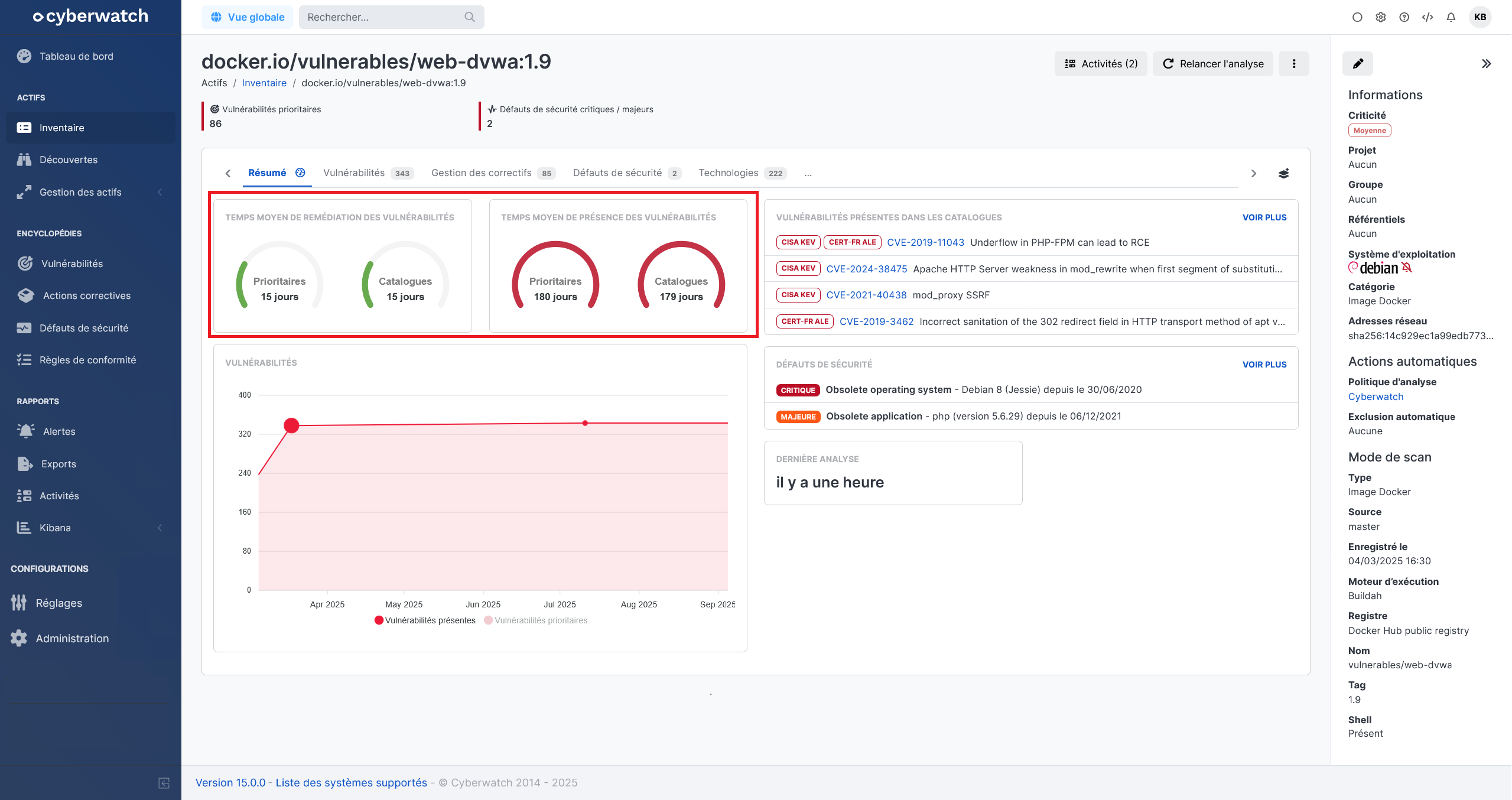 Interface Cyberwatch 15.0 mettant en avant l'ajout d’indicateurs de vélocité.