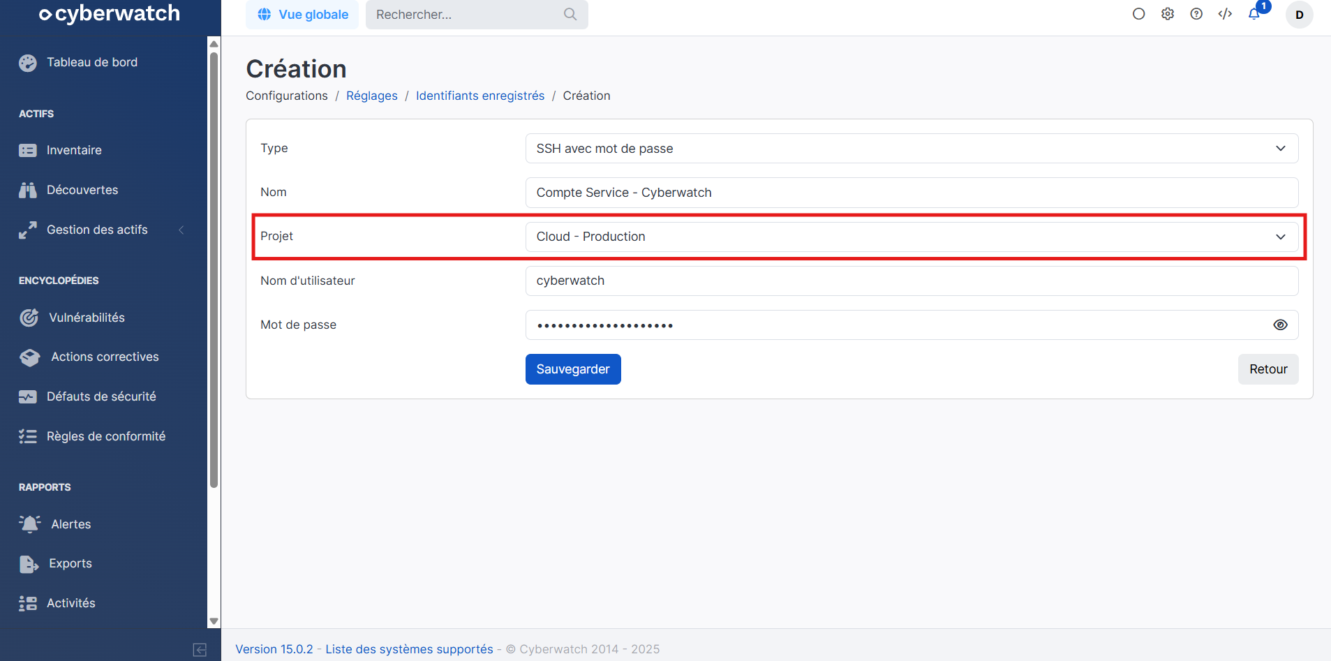 Interface Cyberwatch 15.0 mettant en avant la nouvelle fonctionnalité Gestion de Projets