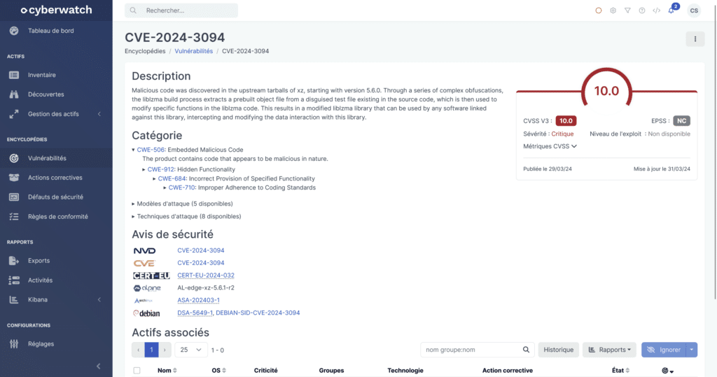 Extrait de la fiche CVE-2024-3094 dans l'encyclopédie des vulnérabilité de Cyberwatch