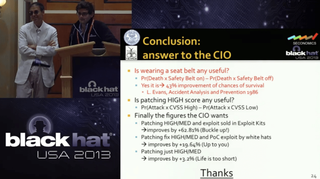 Extrait de la présentation "How CVSS is DOSsing your patching policy (and wasting your money)" par Luca Allodi et Fabio Massacci, à la Black Hat 2013, et reprise dans la présentation du score EPSS en 2019
