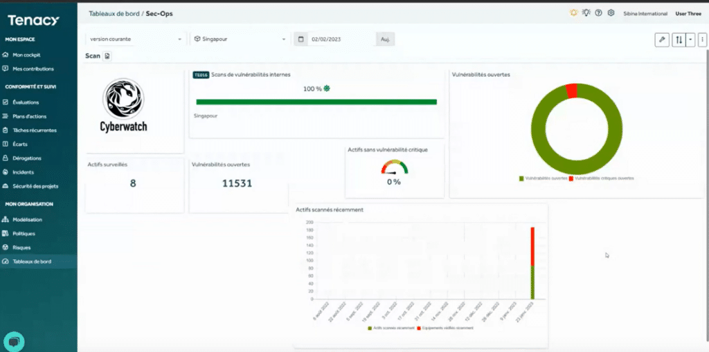 Capture d'écran de l'intégration de Cyberwatch dans Tenacy, afin d'aider les RSSI à mesurer leur conformité ISO 27001