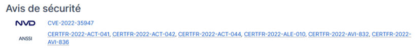 CVE-2022-35947 est présente dans le CERTFR-ALE mais pas dans le CISA KEV