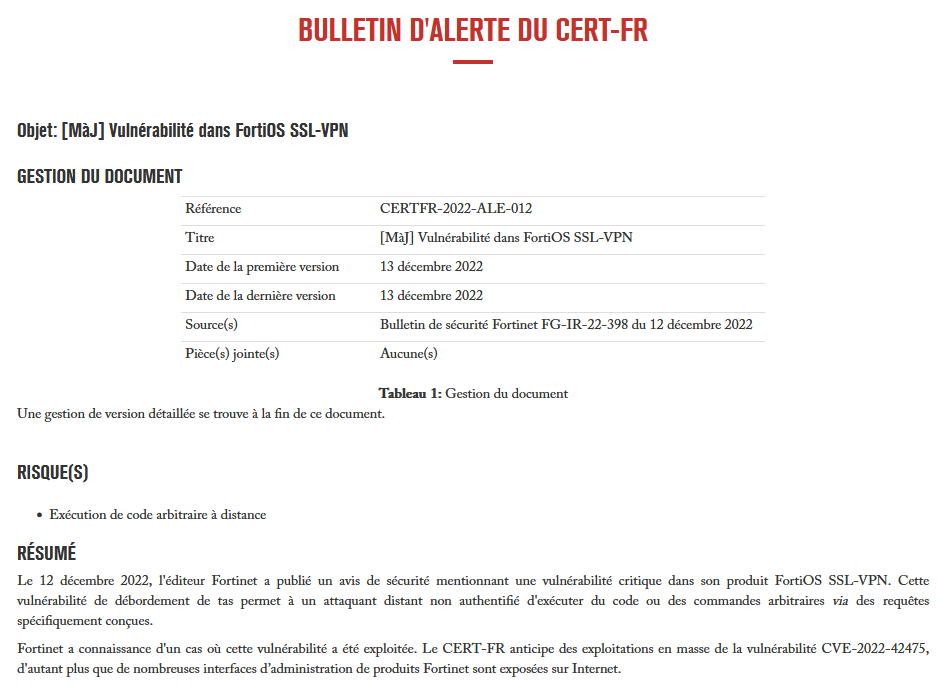 Extrait du bulletin d'alerte du CERT-FR de l'ANSSI pour la CVE-2022-42475,
qui montre que la vulnérabilité est activement exploitée
