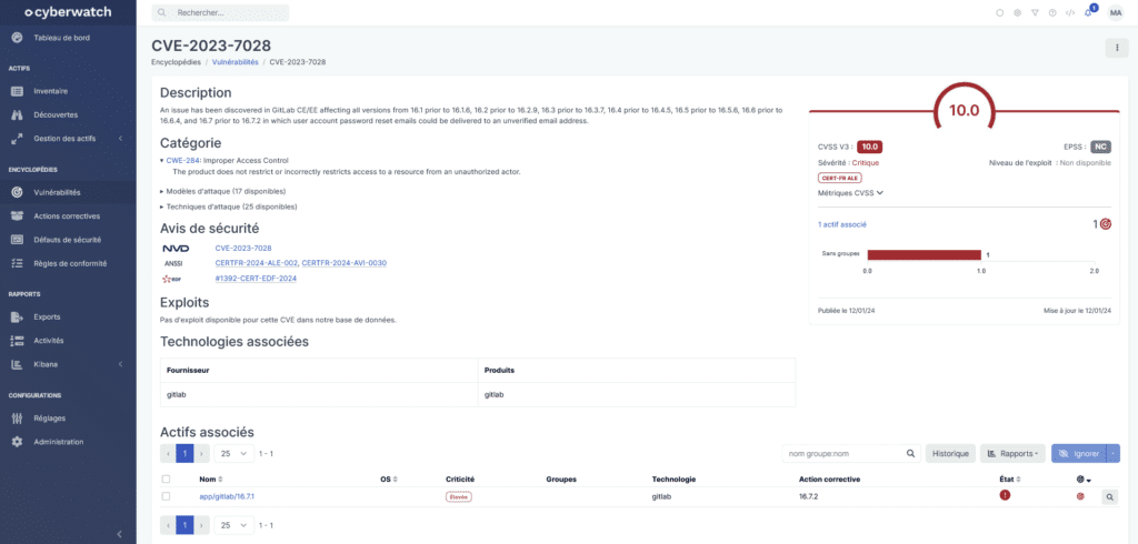 Résultats des scans Cyberwatch pour la CVE GitLab CVE-2023-7028