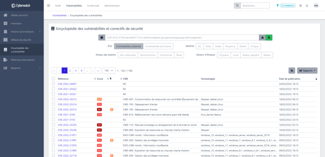 Liste de vulnérabilités détectées par Cyberwatch Vulnerability Manager