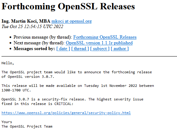 Extrait de l'annonce OpenSSL pour SpookySSL CVE-2022-3602 et CVE-2022-3786