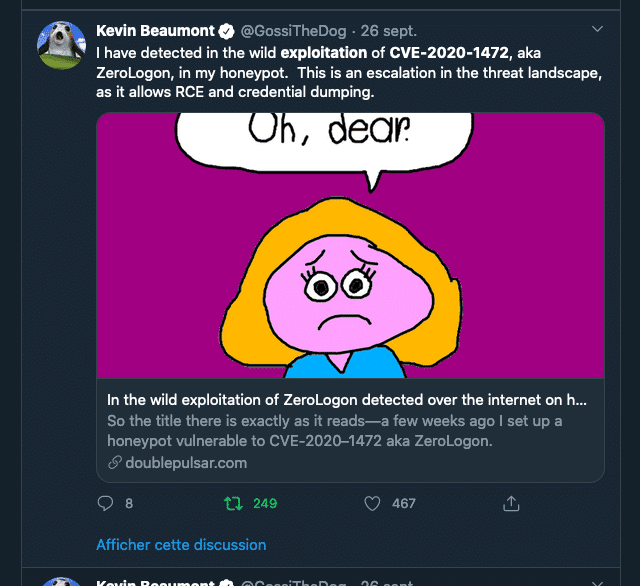Tweet de Kevin Beaumont, analyste au « Microsoft Threat Intelligence Global Engagement & Response », indiquant avoir détecté des tentatives d’exploitation de la vulnérabilité CVE-2020-1472